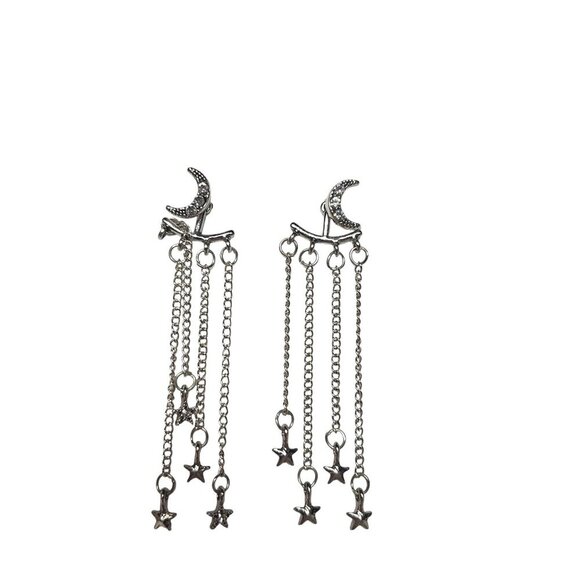 Moon & Star Silver Dangle Earrings With Chain Tassels Elegant Celestial Design - Picture 1 of 2